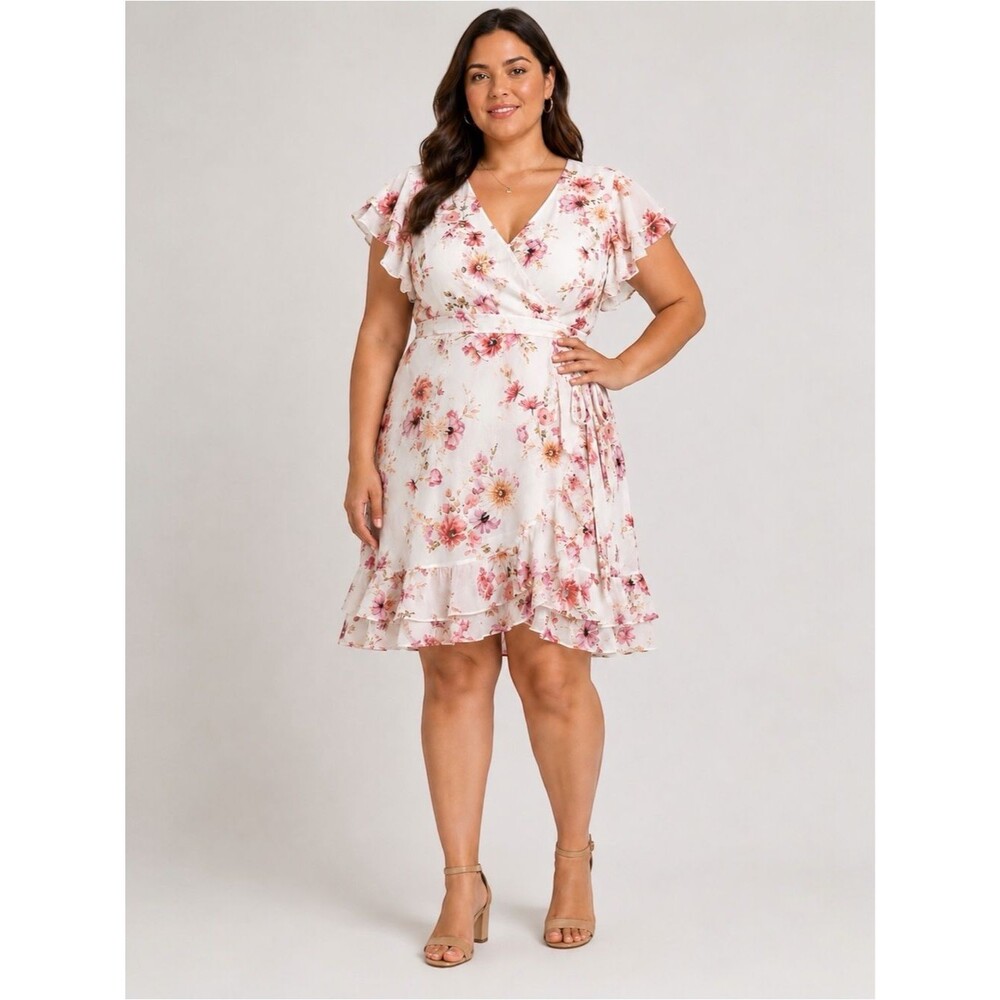 City Chic Ruffle Mini Dress Tie Waist V Neck Floral Print Ivory Pink Plus 16 NEW